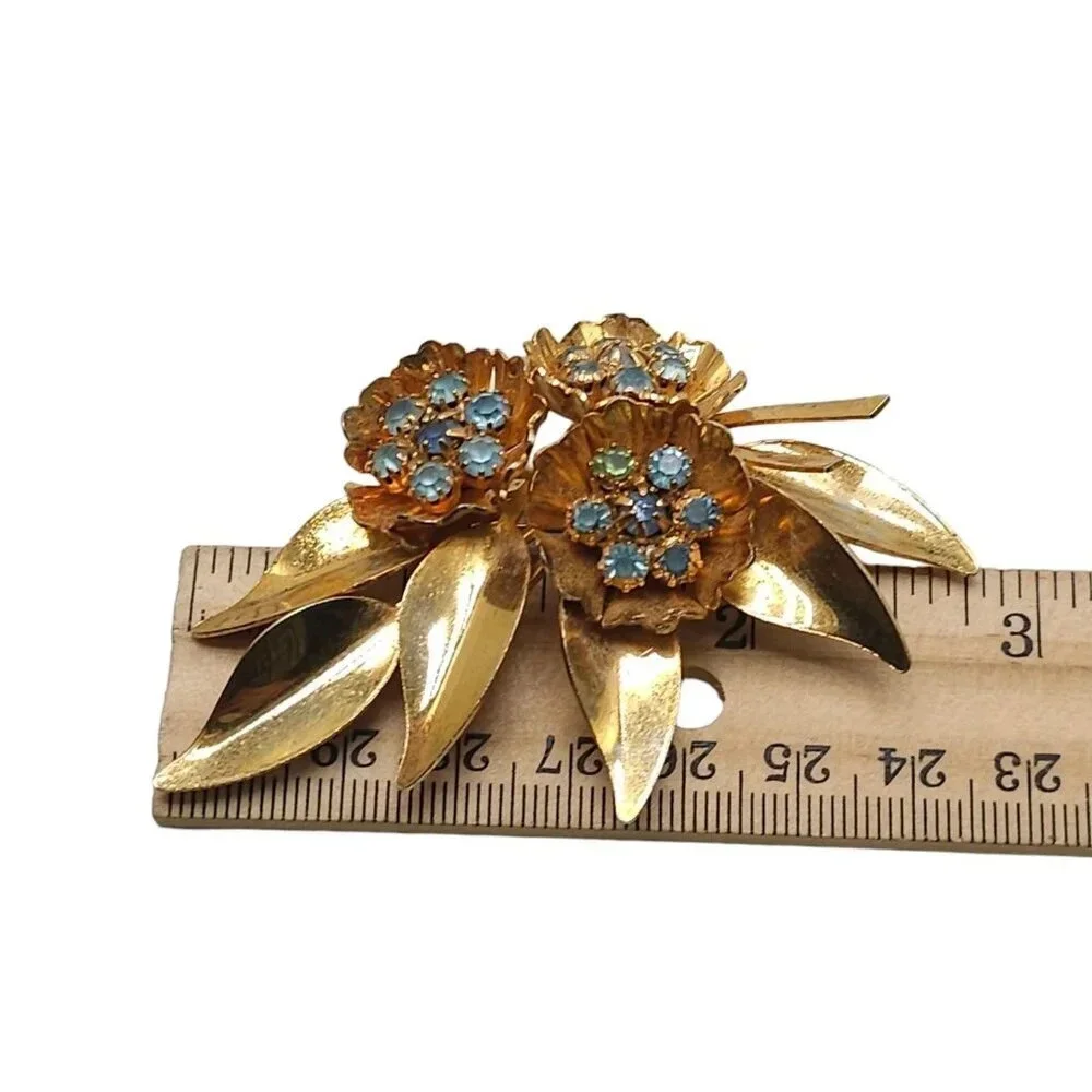 Blue Rhinestone Flower Leaf Branch Brooch Pin Gold Tone Vintage 1940s